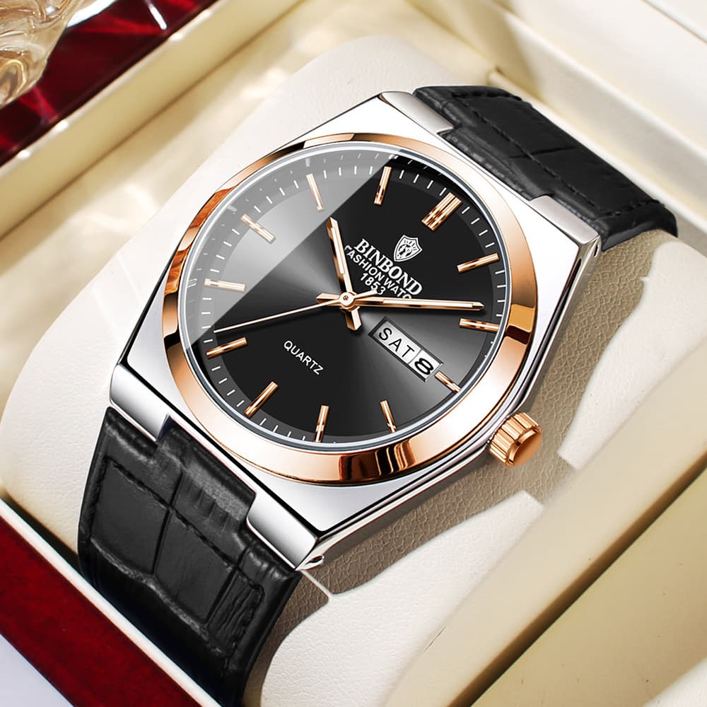 BINBOND Men's Ultra-Thin Quartz Watch with Leather Strap, Luminous Hands, and Calendar, photo 6