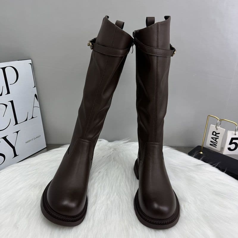 Women's Knee-High Riding Boots – Thick Sole, Side Zip, Belt Buckle Detail, photo 4
