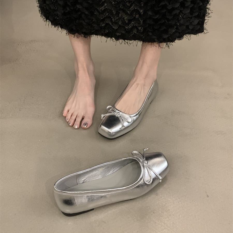 Women's Flat Open-Toe Bow Mule Shoes – Silver French Style Evening Flats, photo 2