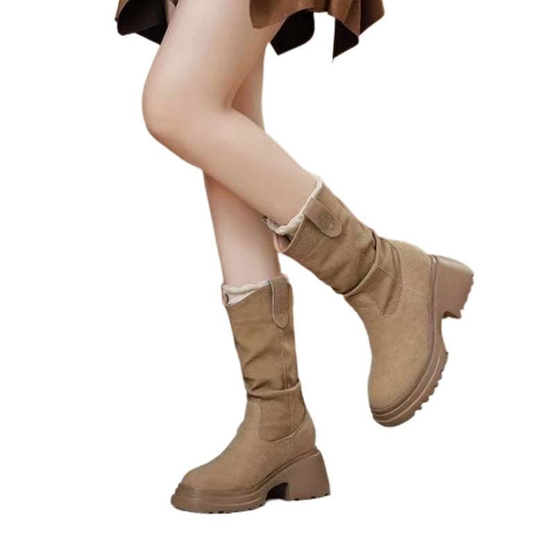 Soft Leather Pleated Mid-Calf Boots for Women – Height-Enhancing, Slip-Resistant, Side Zipper, Round Toe, Black or Khaki, photo 5
