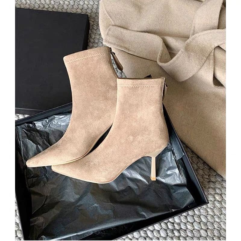 Chic Pointed-Toe Stretch Slimming Boots, French-Style Nude Boots, New Fall/Winter Collection, Elegant Single-Boots, Fleece-Lined, Back-Zip Short Boots for Women