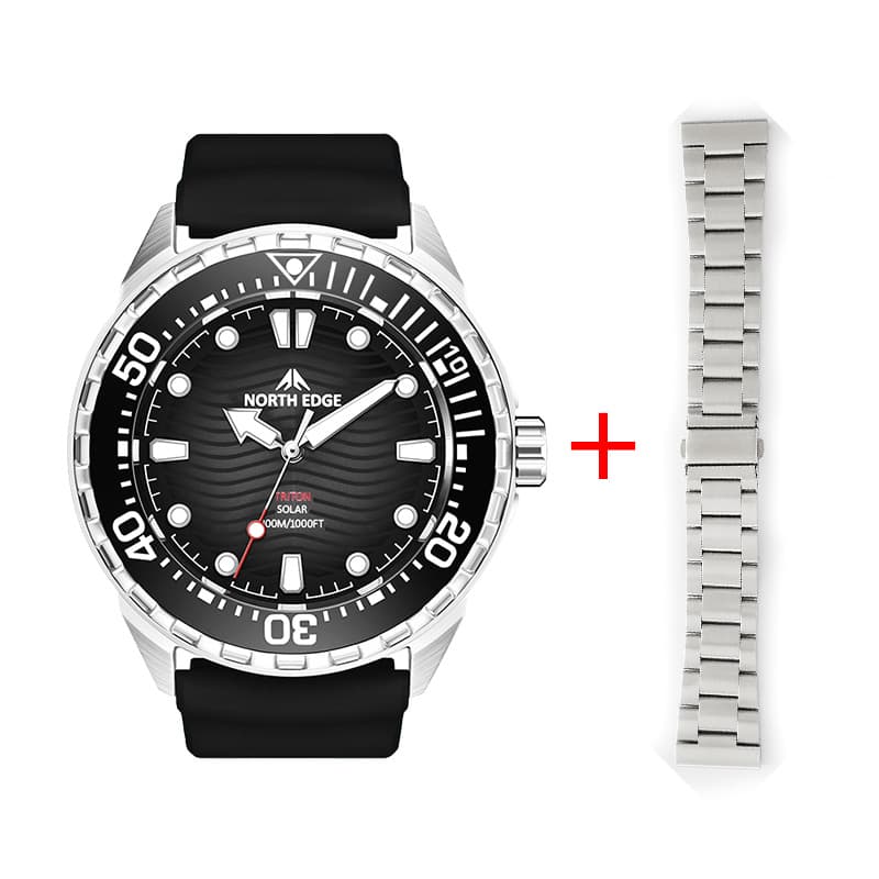 NORTH EDGE TRITON Solar-Powered Stainless Steel Dive Watch – 300m Water Resistant, Glow-in-the-Dark, Silicone Band, photo 10