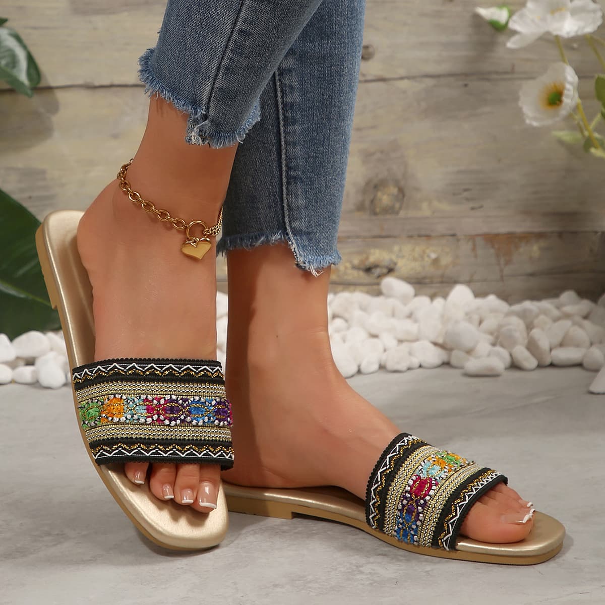Bohemian Woven Strap Flat Sandals for Women – Lightweight Non-Slip Beach Sandals, Gold/Black/White, photo 3