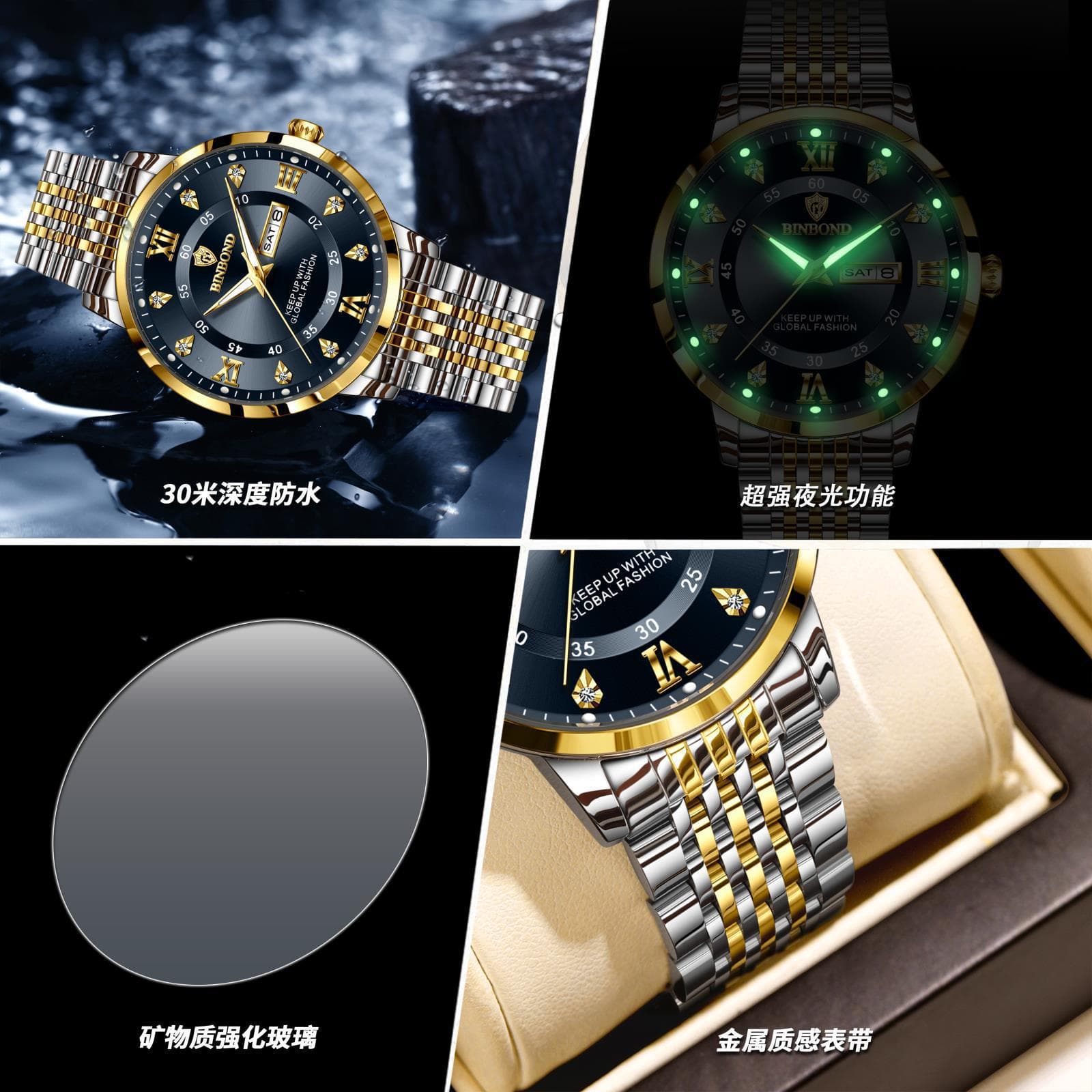 BINBOND Men's Dual-Calendar Business Quartz Watch – Stainless Steel, Luminous, 30M Water Resistant, photo 4