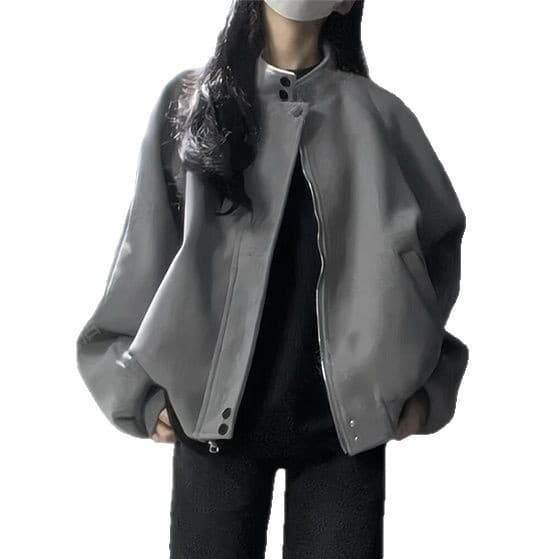 Fall 2025 New Arrival: Minimalist American Vintage-Style Versatile Gray Stand-Collar Suede Jacket for Women—A Luxurious Jacket, photo 5