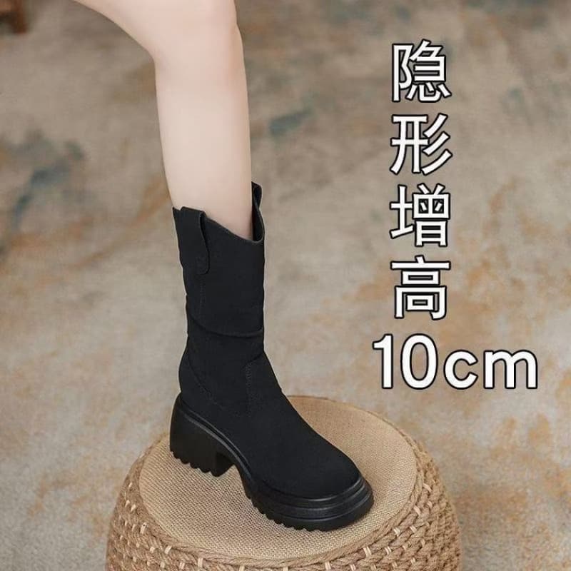 Soft Leather Pleated Mid-Calf Boots for Women – Height-Enhancing, Slip-Resistant, Side Zipper, Round Toe, Black or Khaki, photo 8