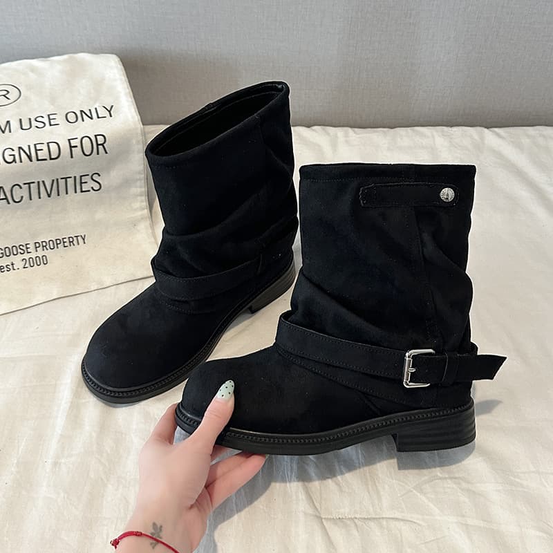 Post-Apocalyptic Pleated Layered Women's Boots – Suede Chunky Sole, Buckle Detail, Black or Khaki, photo 4