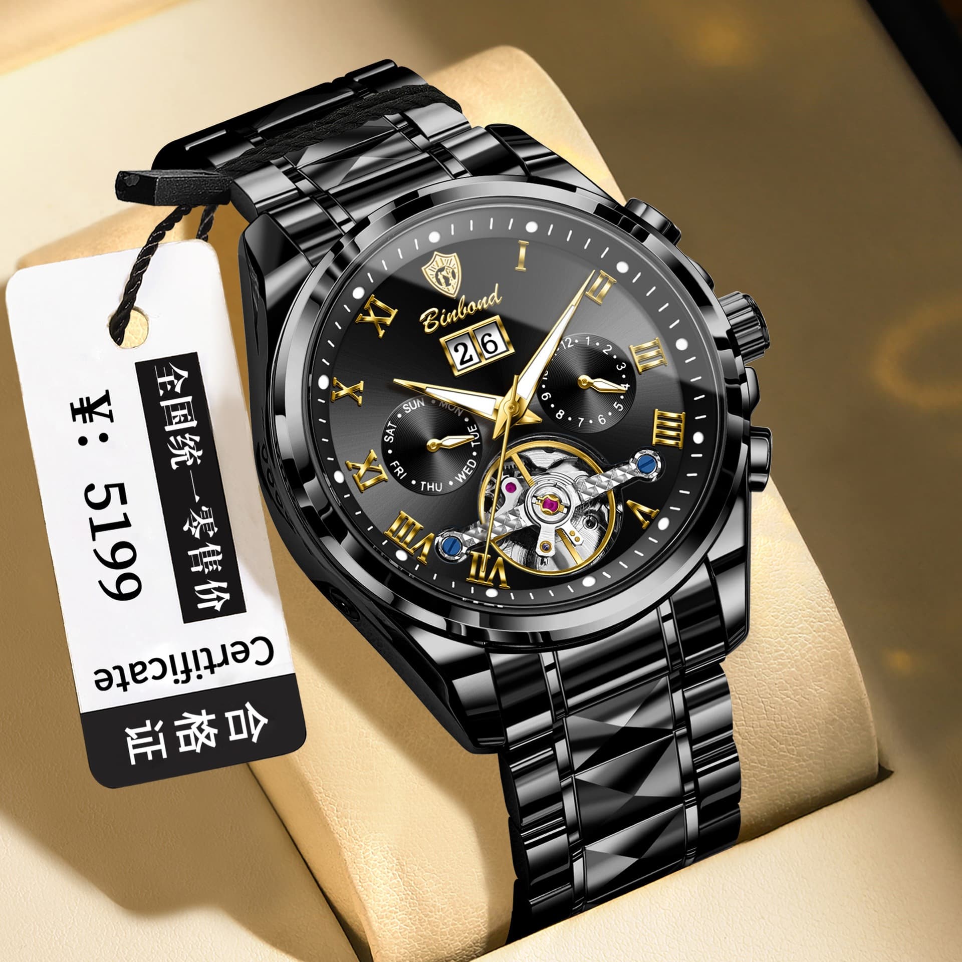 Binbond Men's Automatic Mechanical Watch – 50m Water Resistant, Luminous, Stainless Steel, Mineral Glass, Calendar, See-Through Back, photo 10
