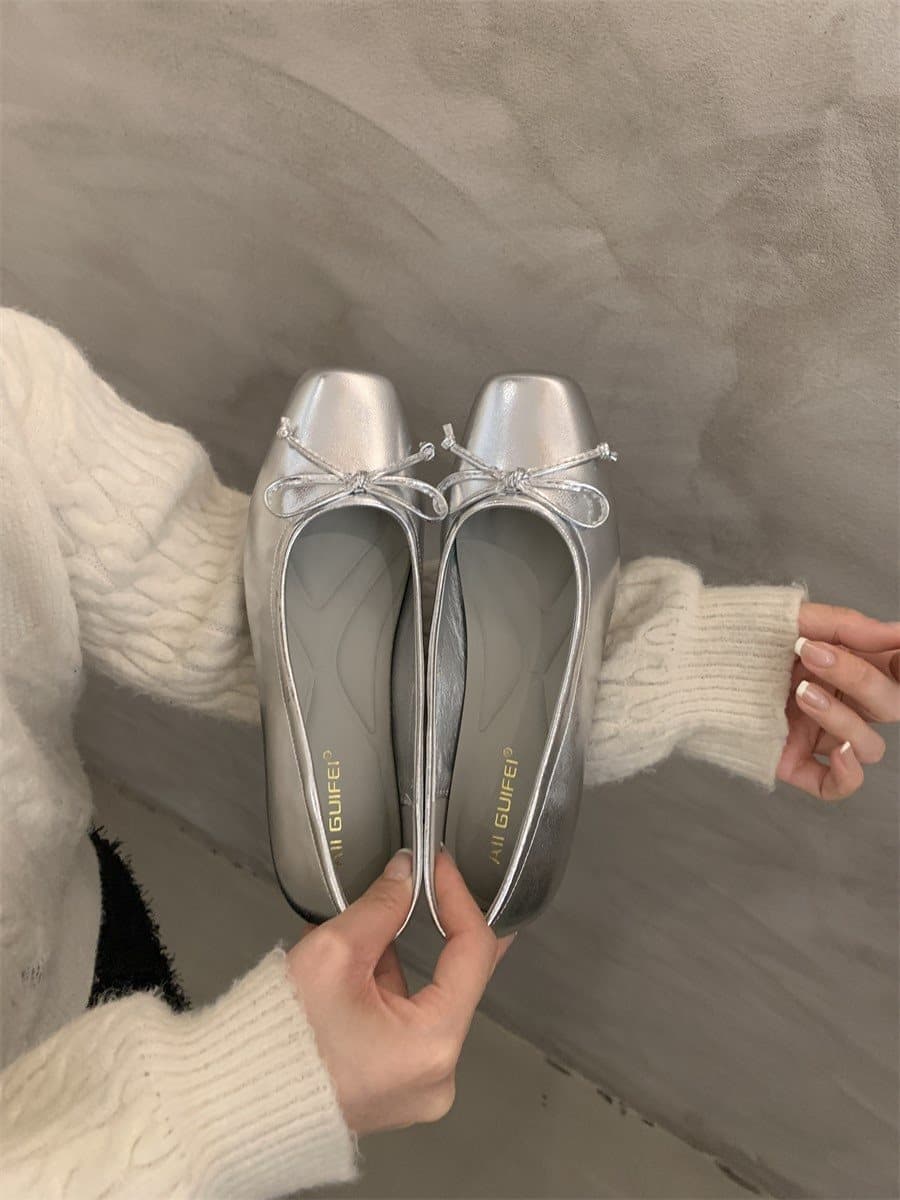 Women's Flat Open-Toe Bow Mule Shoes – Silver French Style Evening Flats, photo 8