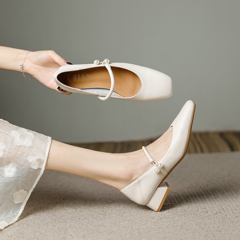 Women's Chunky Heel Square Toe Mary Jane Shoes – Apricot Faux Leather Mid-Heel Pumps, French Style Buckle Flats, photo 8