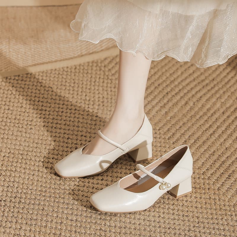 Women's Chunky Heel Square Toe Mary Jane Shoes – Apricot Faux Leather Mid-Heel Pumps, French Style Buckle Flats, photo 2