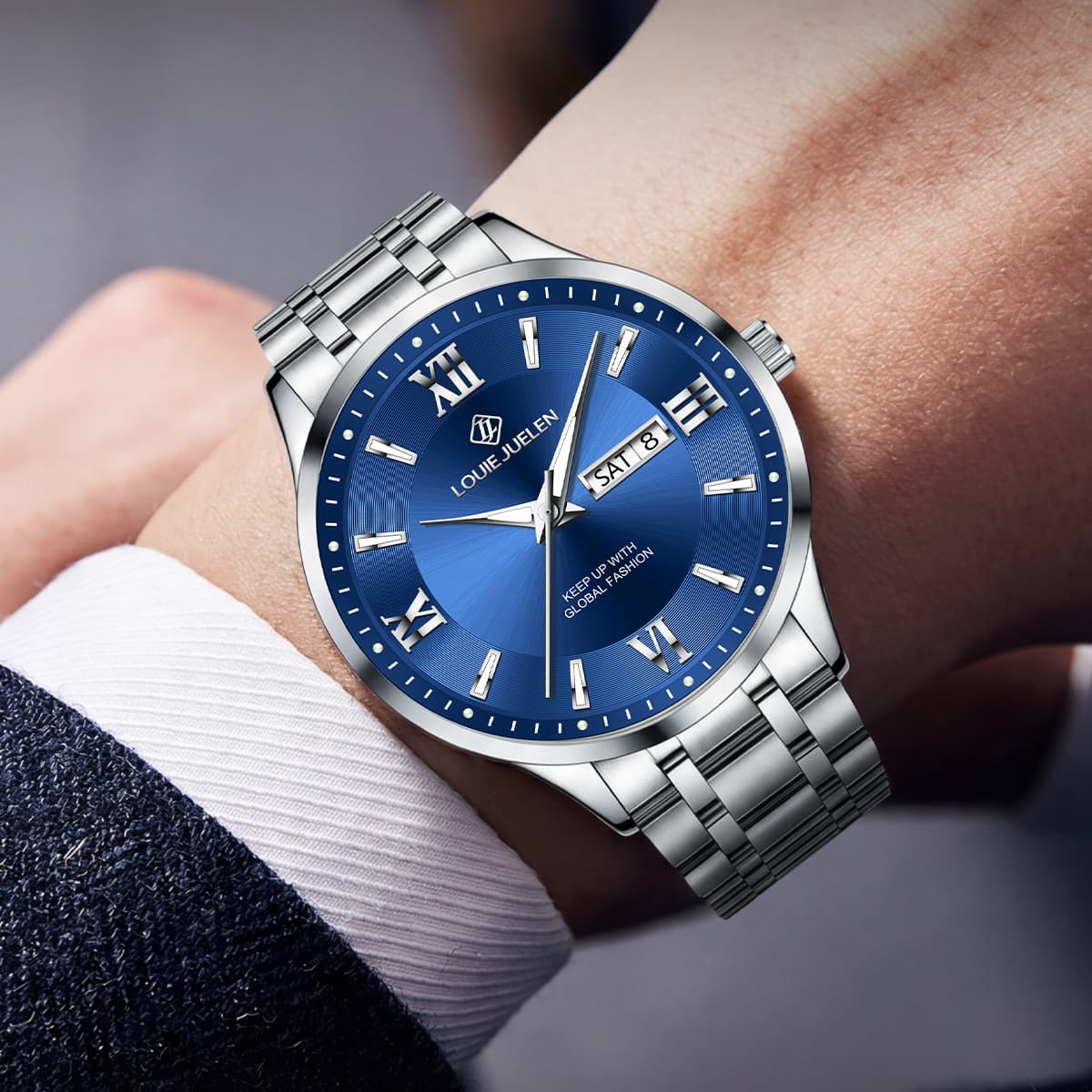 LOUIEJUELEN Men's Business Quartz Watch – Luminous Dial, Dual Calendar, Steel Band, 30M Water Resistance, photo 3