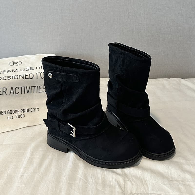 Post-Apocalyptic Pleated Layered Women's Boots – Suede Chunky Sole, Buckle Detail, Black or Khaki, photo 3