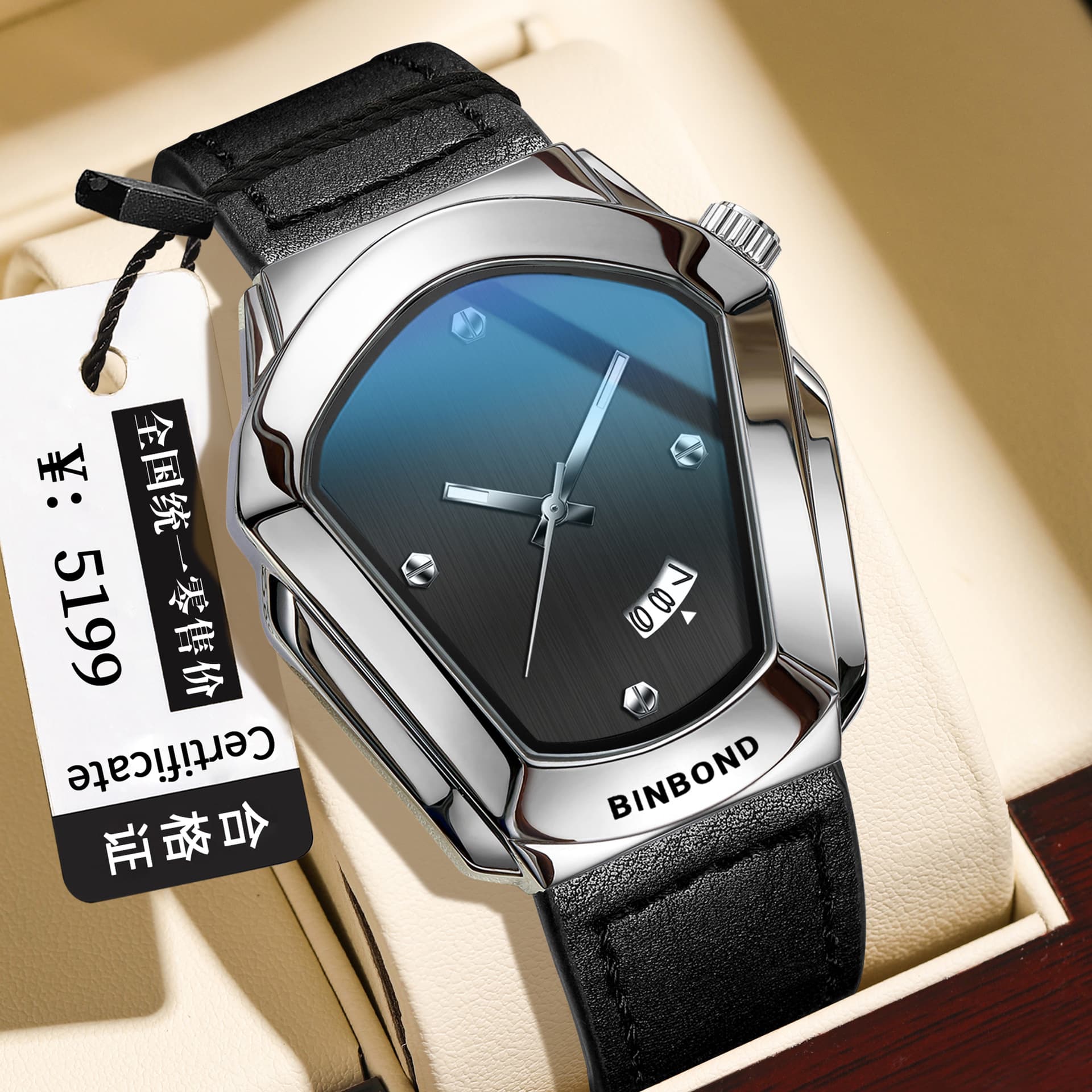 BINBOND Motorcycle-Style Men's Quartz Watch with Leather Strap, Luminous Dial & Calendar, photo 7