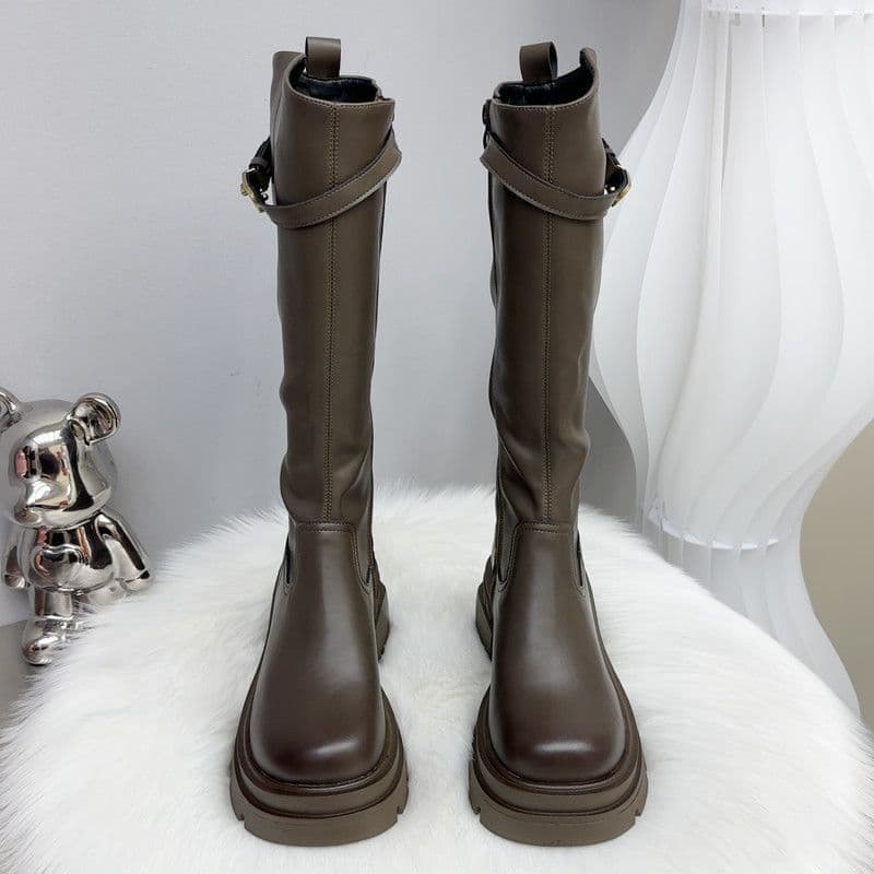 Women's Knee-High Riding Boots with Chunky Heel & Belt Buckle Detail — Side Zip, Black or Brown, photo 2