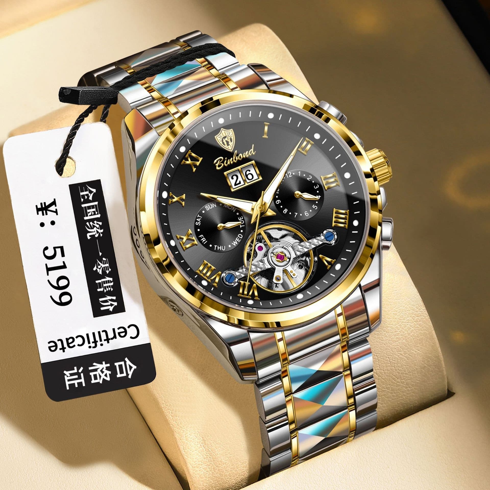 Binbond Men's Automatic Mechanical Watch – 50m Water Resistant, Luminous, Stainless Steel, Mineral Glass, Calendar, See-Through Back, photo 9