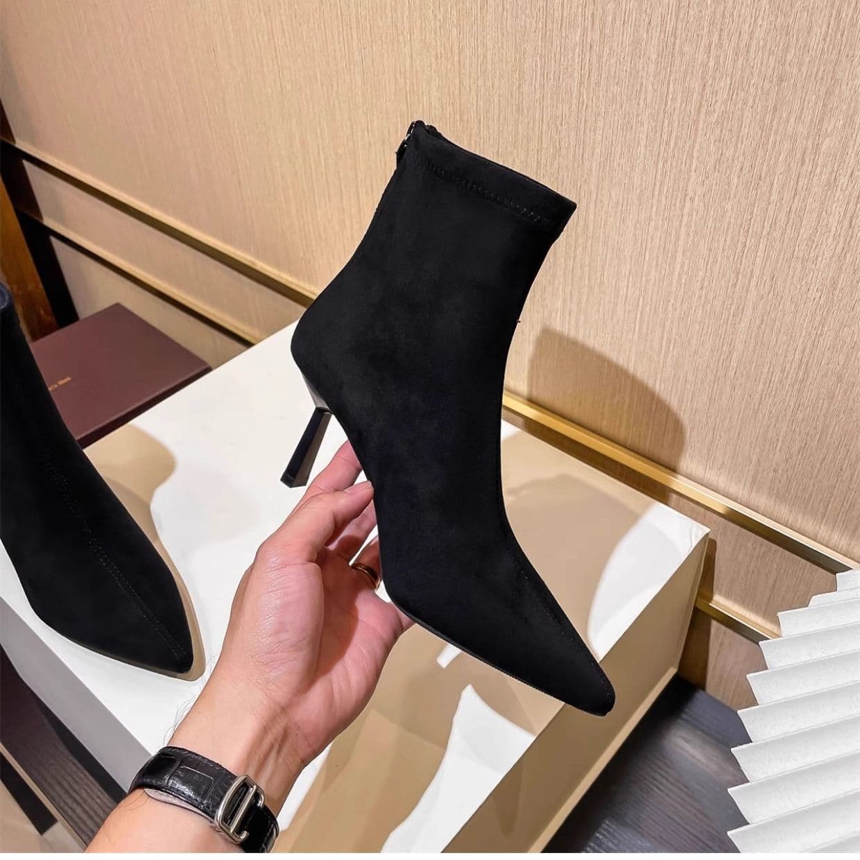 Chic Pointed-Toe Stretch Slimming Boots, French-Style Nude Boots, New Fall/Winter Collection, Elegant Single-Boots, Fleece-Lined, Back-Zip Short Boots for Women, photo 9