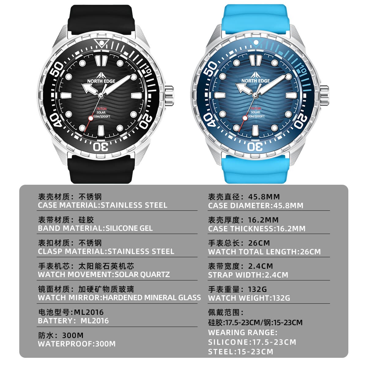 NORTH EDGE TRITON Solar-Powered Stainless Steel Dive Watch – 300m Water Resistant, Glow-in-the-Dark, Silicone Band, photo 2