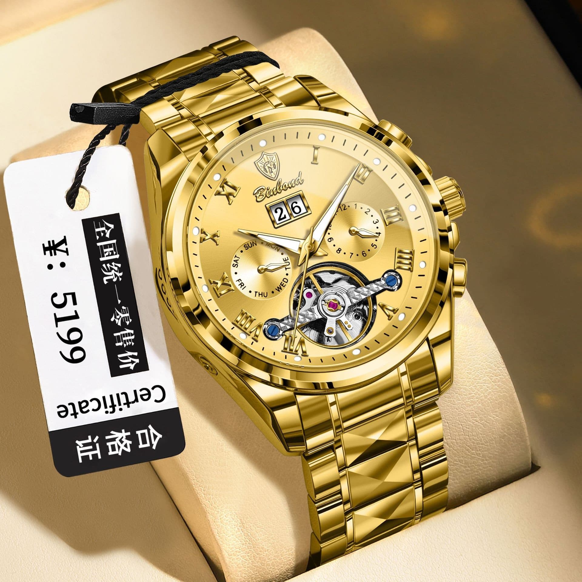 Binbond Men's Automatic Mechanical Watch – 50m Water Resistant, Luminous, Stainless Steel, Mineral Glass, Calendar, See-Through Back, photo 7
