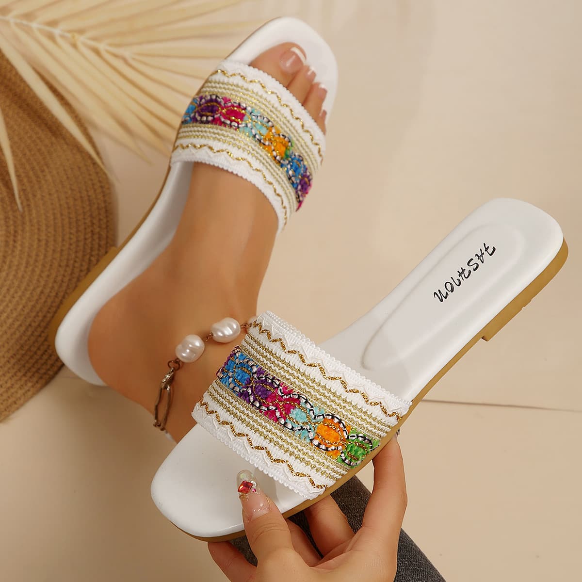 Bohemian Woven Strap Flat Sandals for Women – Lightweight Non-Slip Beach Sandals, Gold/Black/White, photo 7
