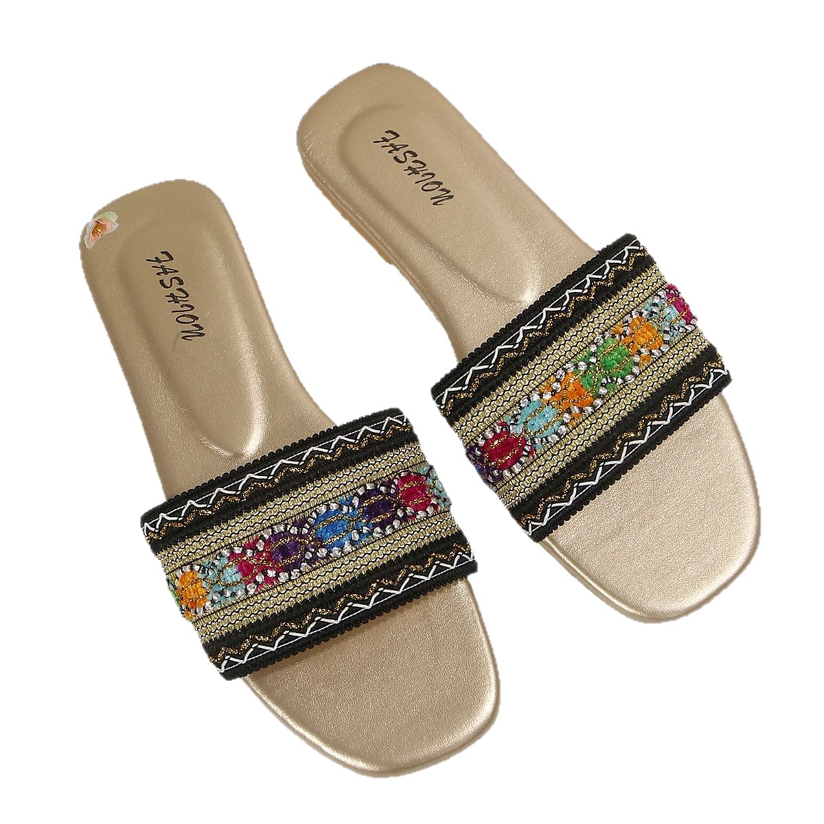 Bohemian Woven Strap Flat Sandals for Women – Lightweight Non-Slip Beach Sandals, Gold/Black/White, photo 5