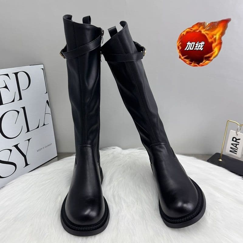 Women's Knee-High Riding Boots – Thick Sole, Side Zip, Belt Buckle Detail, photo 7