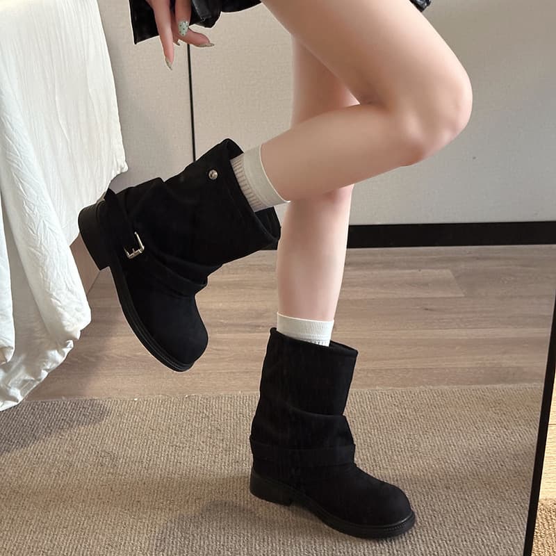 Post-Apocalyptic Pleated Layered Women's Boots – Suede Chunky Sole, Buckle Detail, Black or Khaki, photo 6