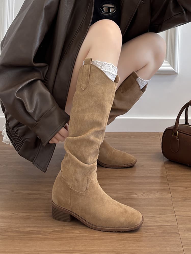 Women's Genuine Leather Knee-High Boots with Built-in Heel Lift – Pleated Retro Riding Boots in Khaki or Brown, photo 7