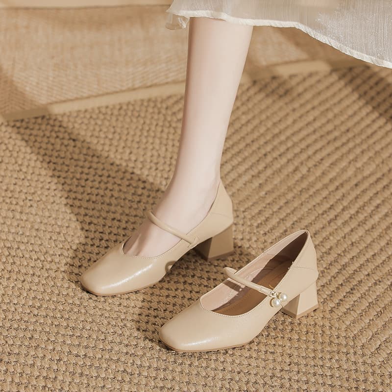 Women's Chunky Heel Square Toe Mary Jane Shoes – Apricot Faux Leather Mid-Heel Pumps, French Style Buckle Flats, photo 3