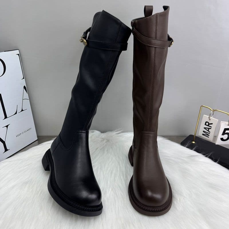 Women's Knee-High Riding Boots – Thick Sole, Side Zip, Belt Buckle Detail, photo 2