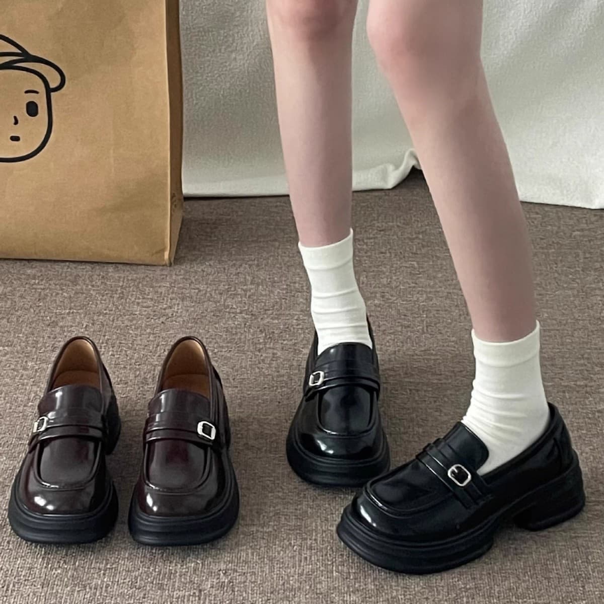 Women's Chunky-Sole PU Leather Loafers – Vintage Brown & Black Preppy Slip-Ons for Skirts & JK Style, photo 3