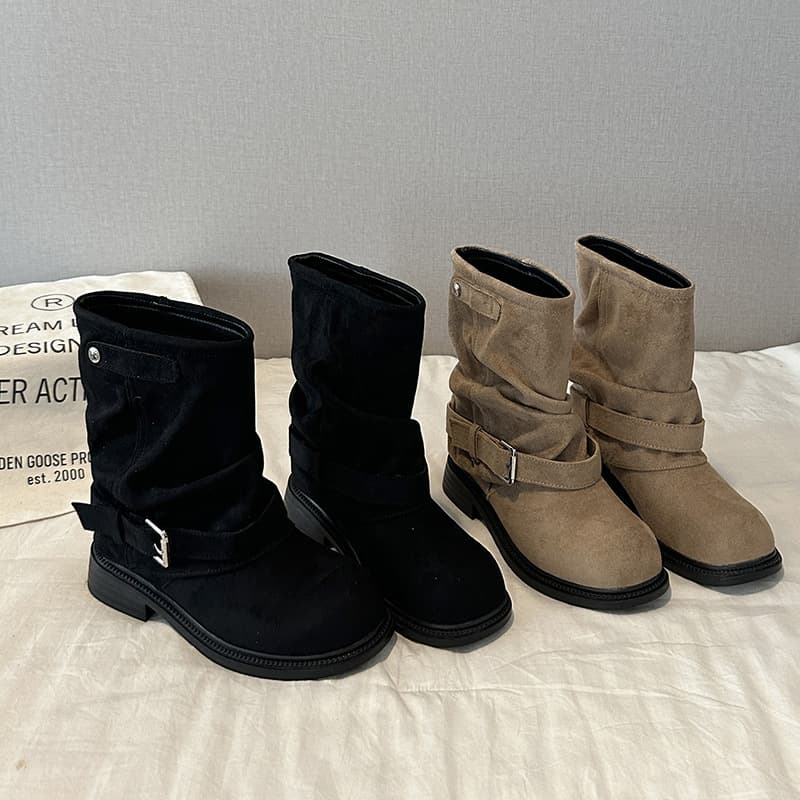 Post-Apocalyptic Pleated Layered Women's Boots – Suede Chunky Sole, Buckle Detail, Black or Khaki, photo 2