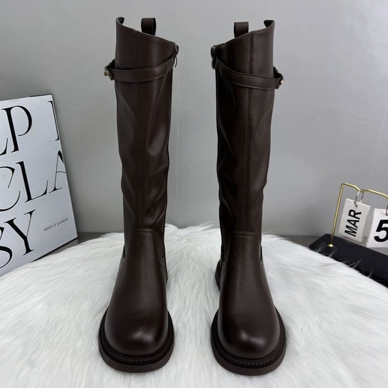 Women's Knee-High Riding Boots – Thick Sole, Side Zip, Belt Buckle Detail, photo 3