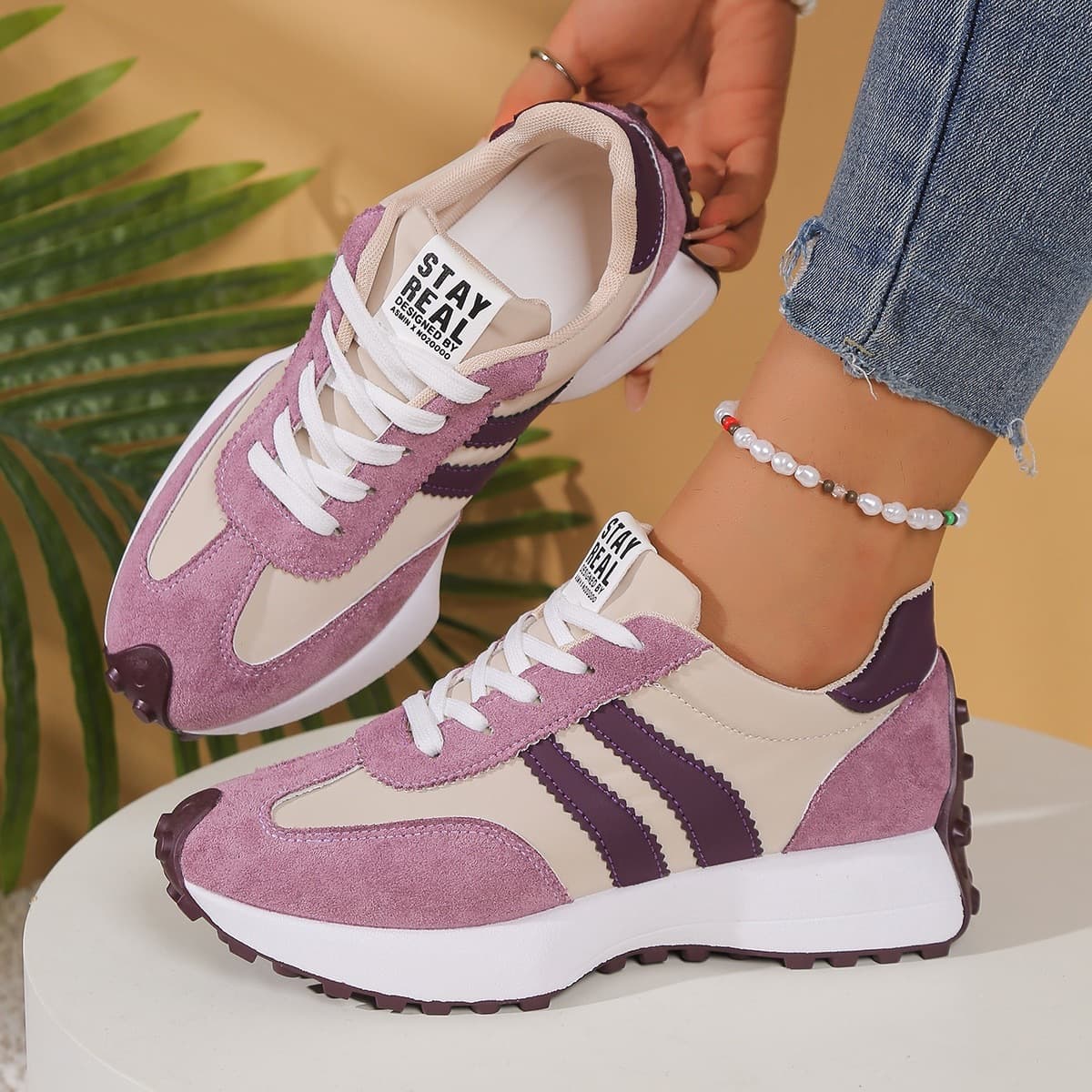 Retro Two-Tone Sneakers for Women – Breathable Mesh & PU Casual Shoes with Chunky Sole, photo 3