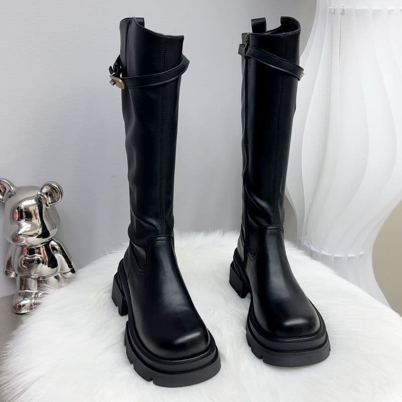 Women's Knee-High Riding Boots with Chunky Heel & Belt Buckle Detail — Side Zip, Black or Brown, photo 6