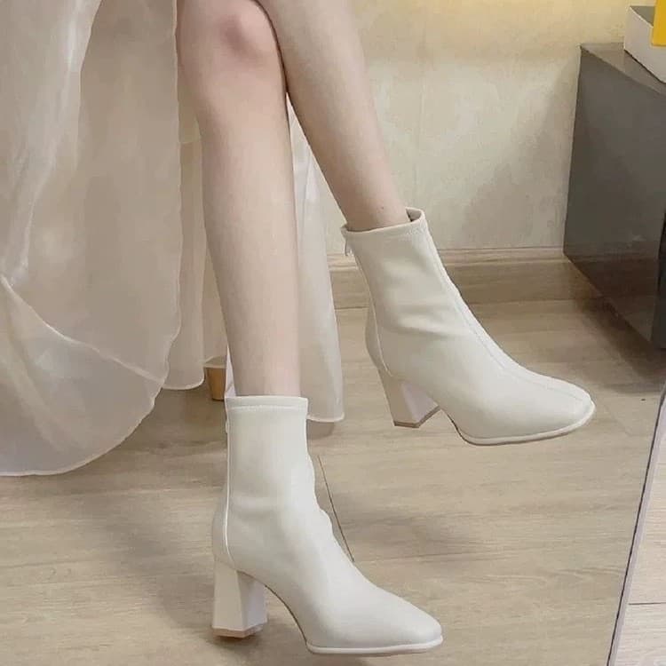 Korean-Style Preppy High-Heeled Ankle Boots – Square Toe, Chunky Heel, Faux Leather, Fall/Winter, photo 3