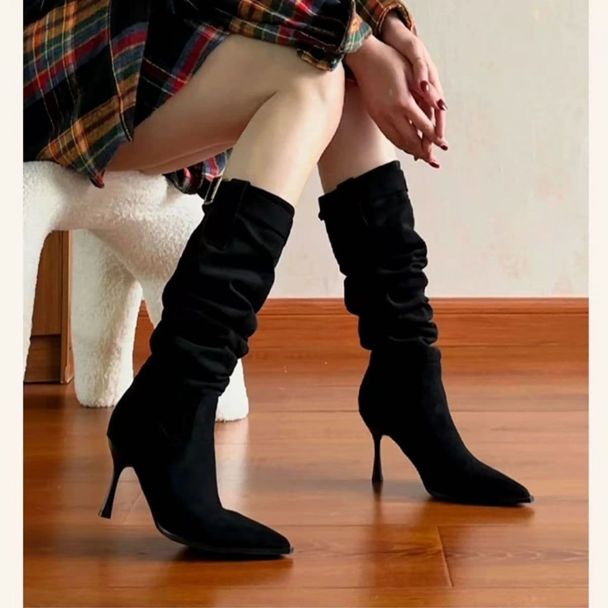 Women's Pointed-Toe Slim-Fit Knee-High Boots with Buckle & Cuff Detail – Medium Heel, Black or Khaki, photo 7