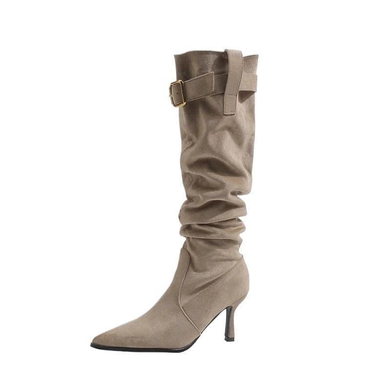 Women's Pointed-Toe Slim-Fit Knee-High Boots with Buckle & Cuff Detail – Medium Heel, Black or Khaki, photo 5