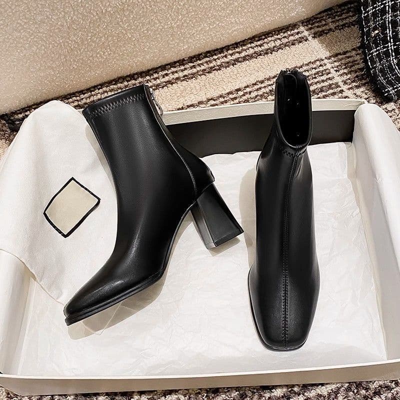 Korean-Style Preppy High-Heeled Ankle Boots – Square Toe, Chunky Heel, Faux Leather, Fall/Winter, photo 7