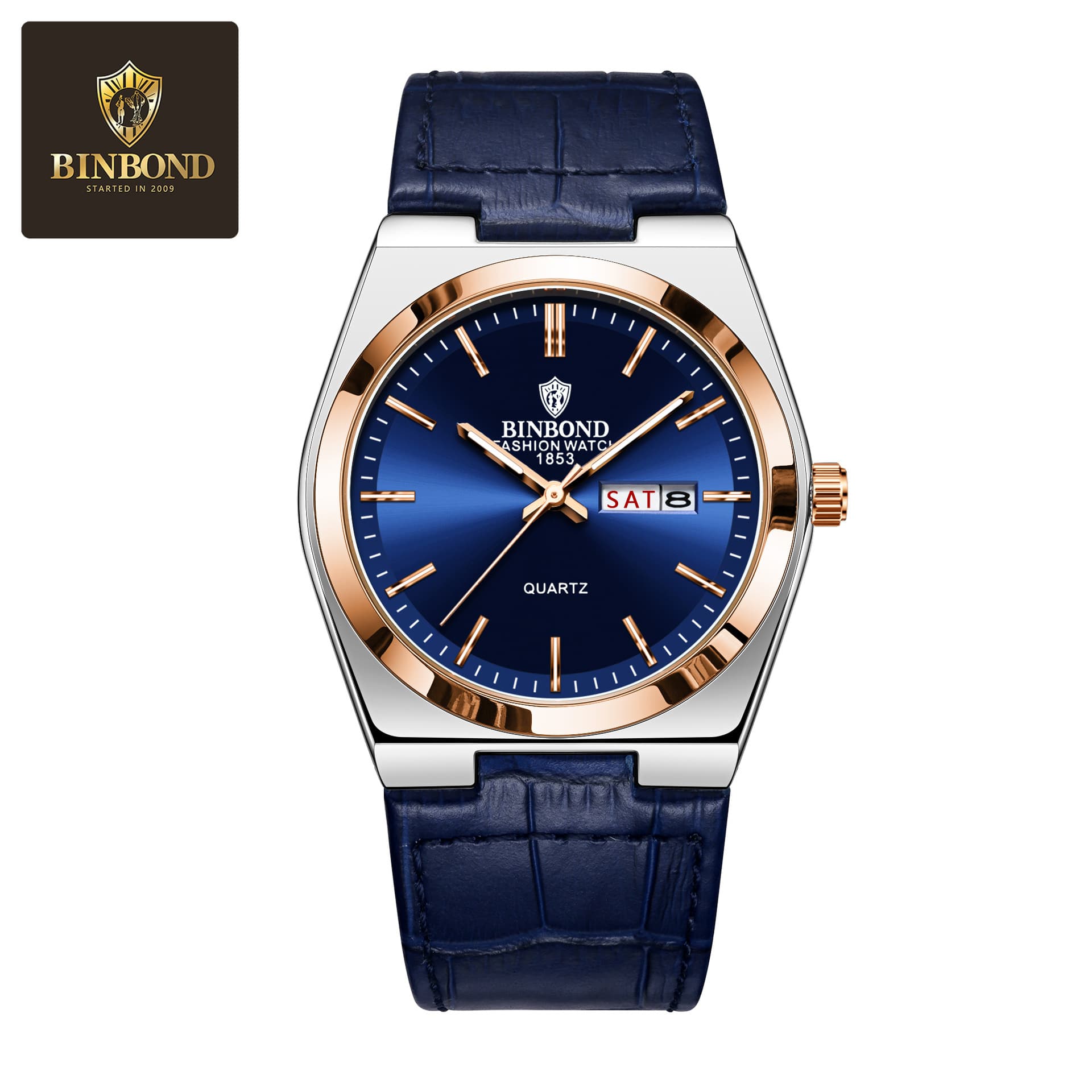 BINBOND Men's Ultra-Thin Quartz Watch with Leather Strap, Luminous Hands, and Calendar, photo 5