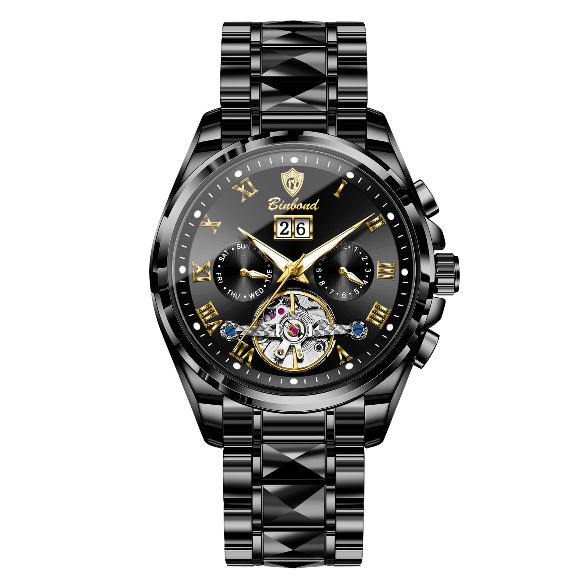 Binbond Men's Automatic Mechanical Watch – 50m Water Resistant, Luminous, Stainless Steel, Mineral Glass, Calendar, See-Through Back, photo 5
