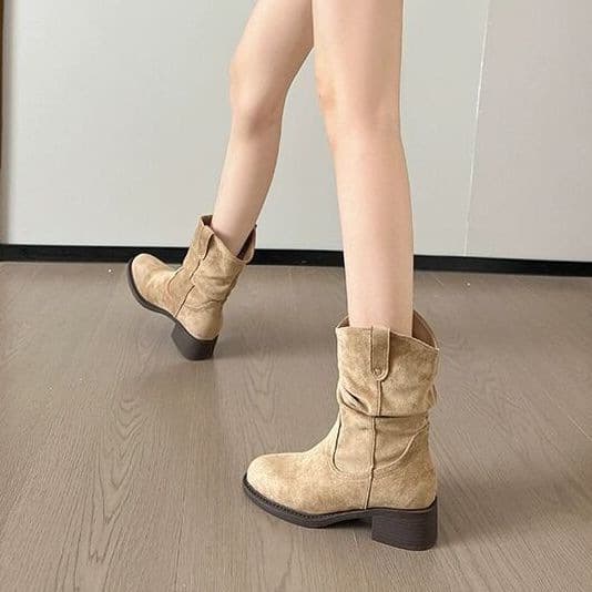 Women's Mid-Calf Western Boots with Stacked Chunky Heel – Pointed Toe, Belt Buckle Detail, Khaki or Brown, photo 2