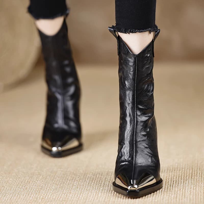 Women's Metal-Tipped Ankle Boots for International Trade—2024 New Arrivals: European and American-Style Pointed-Toe Chunky-Heel Leather Boots, High-Heel Boots, Elegant Women's Short Boots, photo 5