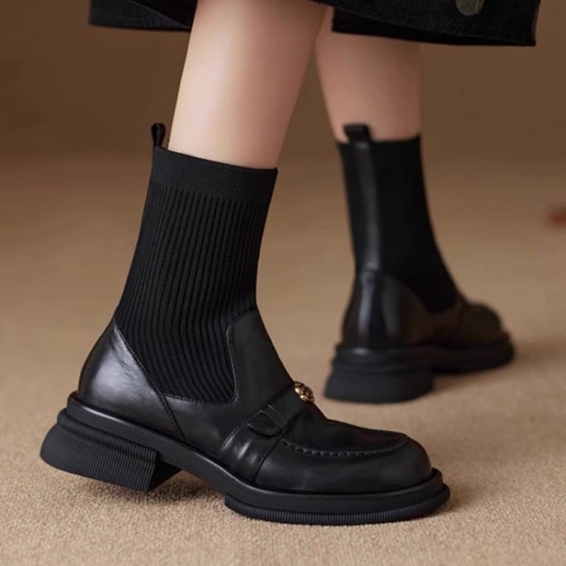 Ruodan Women's Black Leather Chunky Heel Sock Boots – Cowhide Knit Ankle Boots, Retro Round Toe, Non-Slip Rubber Sole, photo 4