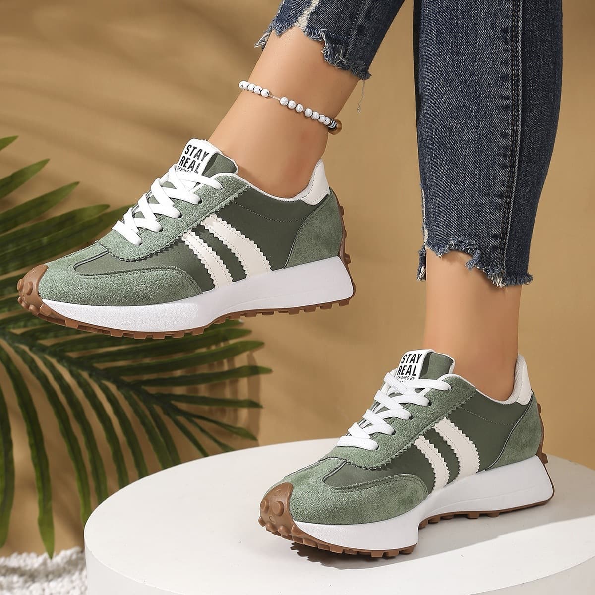 Retro Two-Tone Sneakers for Women – Breathable Mesh & PU Casual Shoes with Chunky Sole