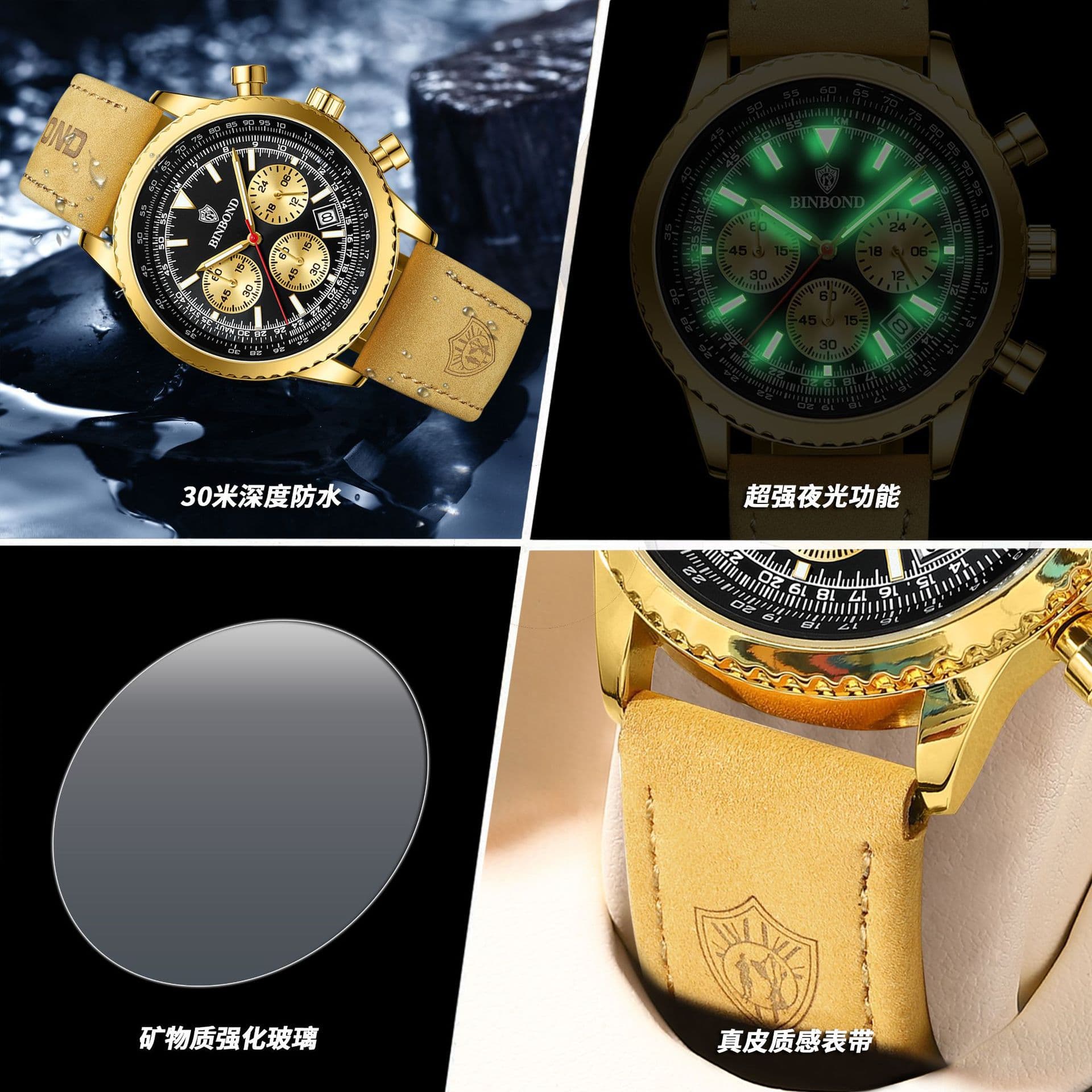 BINBOND Men's Ultra-Thin Business Watch – Waterproof, Luminous, Calendar, Stainless Steel & Leather Strap, photo 4