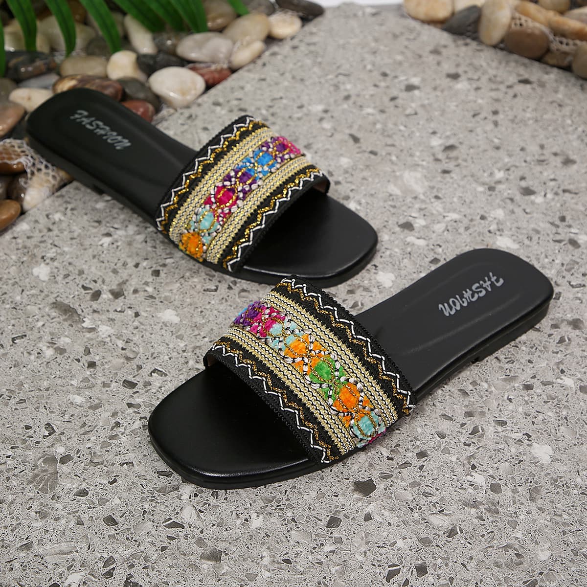 Bohemian Woven Strap Flat Sandals for Women – Lightweight Non-Slip Beach Sandals, Gold/Black/White, photo 6