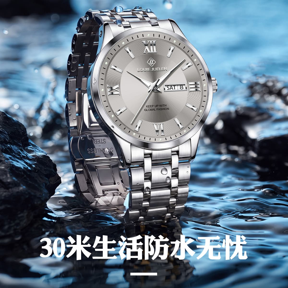 LOUIEJUELEN Men's Business Quartz Watch – Luminous Dial, Dual Calendar, Steel Band, 30M Water Resistance, photo 4