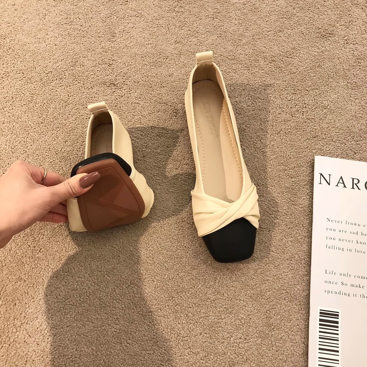 Women's Soft-Sole Pointed Toe Flats & Mules – Chunky Heel Casual Shoes in Beige or Khaki
