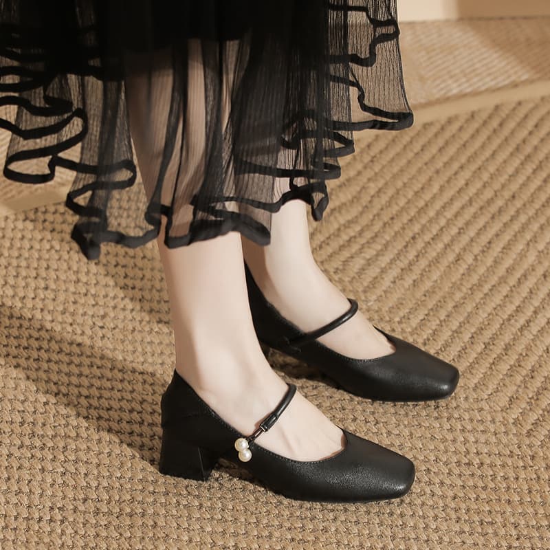 Women's Chunky Heel Square Toe Mary Jane Shoes – Apricot Faux Leather Mid-Heel Pumps, French Style Buckle Flats, photo 6